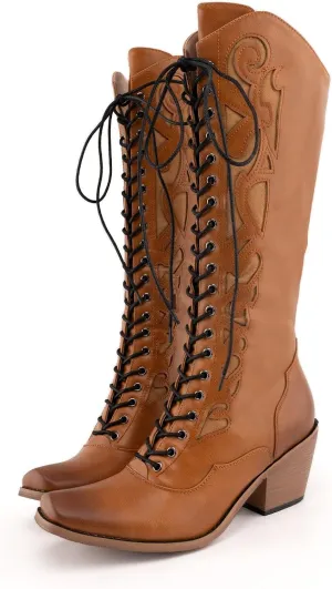 SO SIMPOK Lace Up Cowboy Boots for Women, Vintage Knee-High Cowgirl Boot, Low Heel Mid Calf Western Boots, Tall Square Toe Boot for Ladies