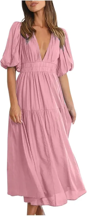 Summer Dresses for Women 2024 Sexy Deep V Neck Maxi Dress Casual Short Sleeve Plus Size Sun Dress Summer Vacation Dress