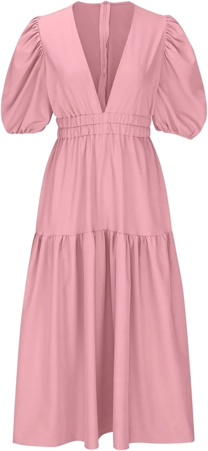 Summer Dresses for Women 2024 Sexy Deep V Neck Maxi Dress Casual Short Sleeve Plus Size Sun Dress Summer Vacation Dress