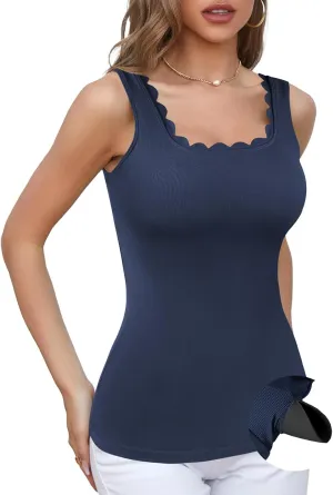 V FOR CITY Scallop Trim Square Neck Tank Tops with Built in Bras for Women Slim Fit Camisole Top Yoga Shirt