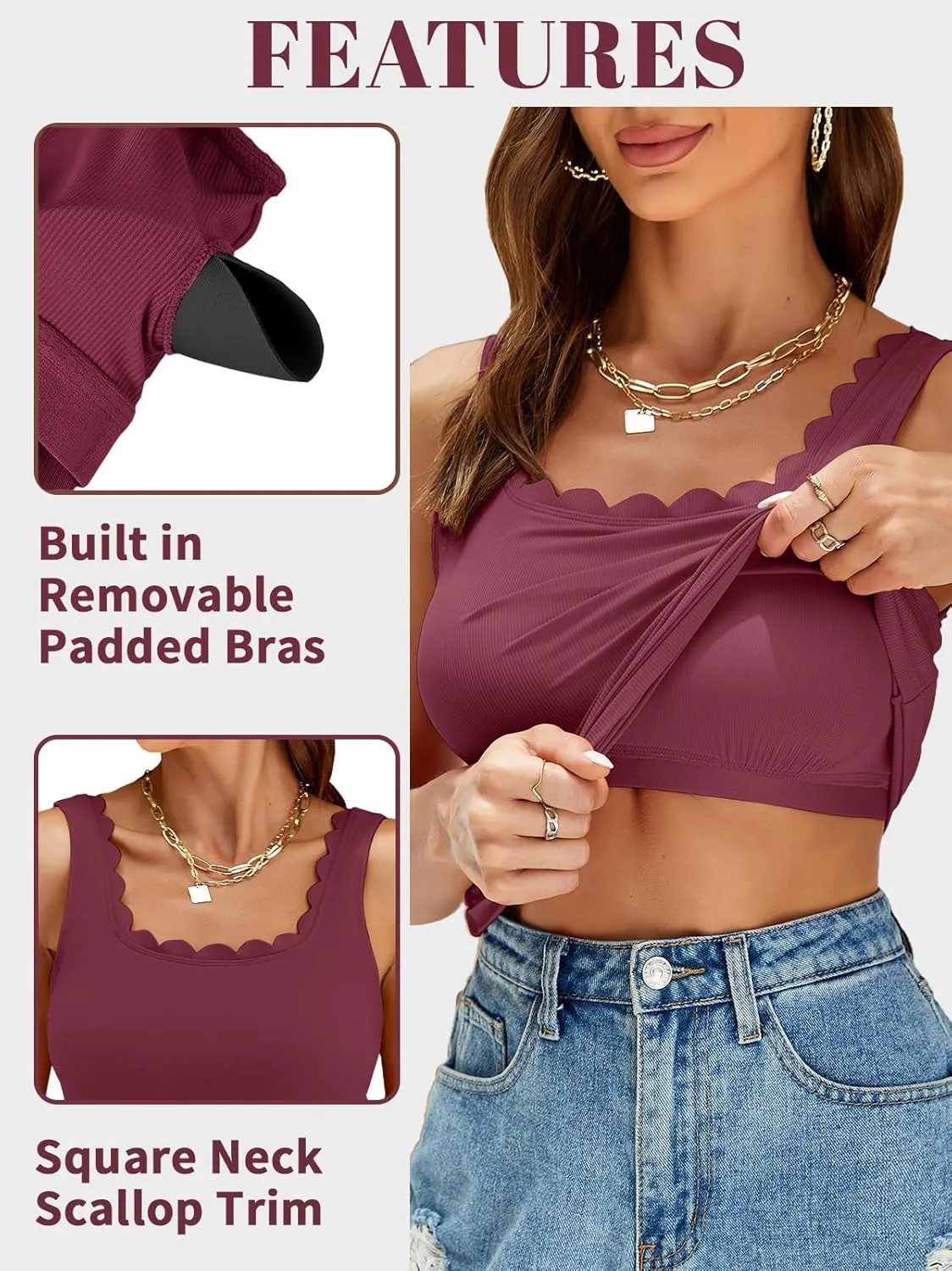 V FOR CITY Scallop Trim Square Neck Tank Tops with Built in Bras for Women Slim Fit Camisole Top Yoga Shirt