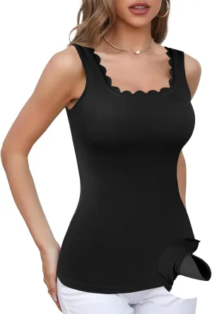 V FOR CITY Scallop Trim Square Neck Tank Tops with Built in Bras for Women Slim Fit Camisole Top Yoga Shirt
