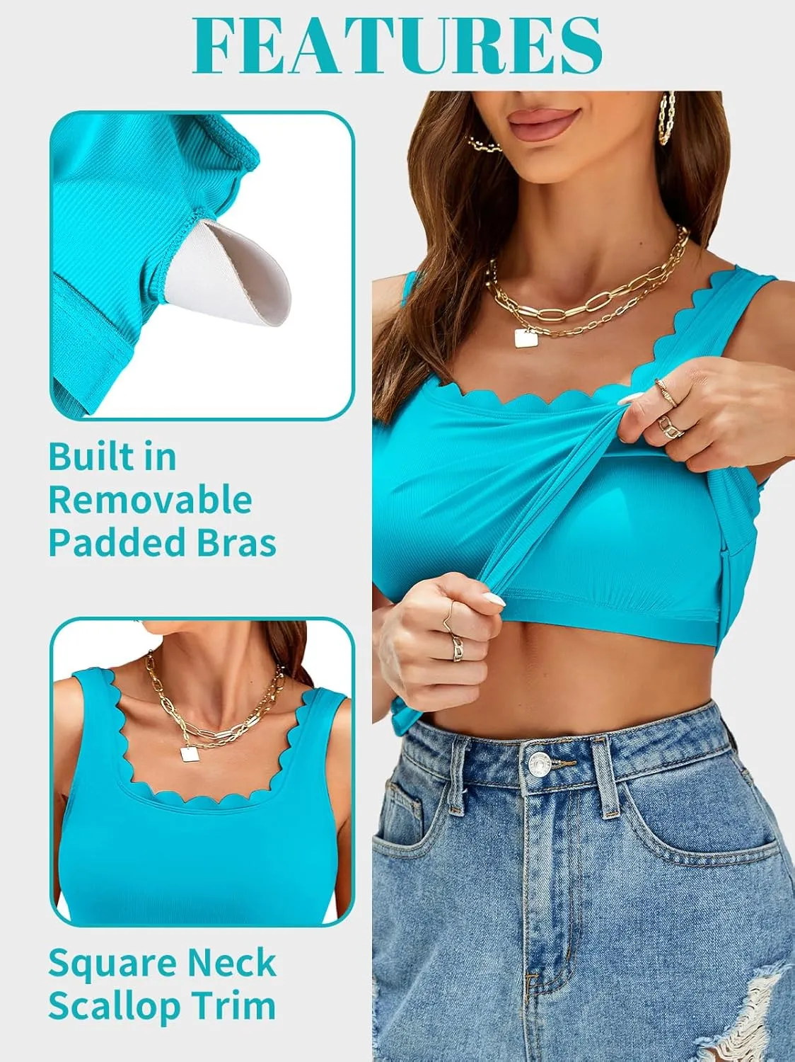 V FOR CITY Scallop Trim Square Neck Tank Tops with Built in Bras for Women Slim Fit Camisole Top Yoga Shirt