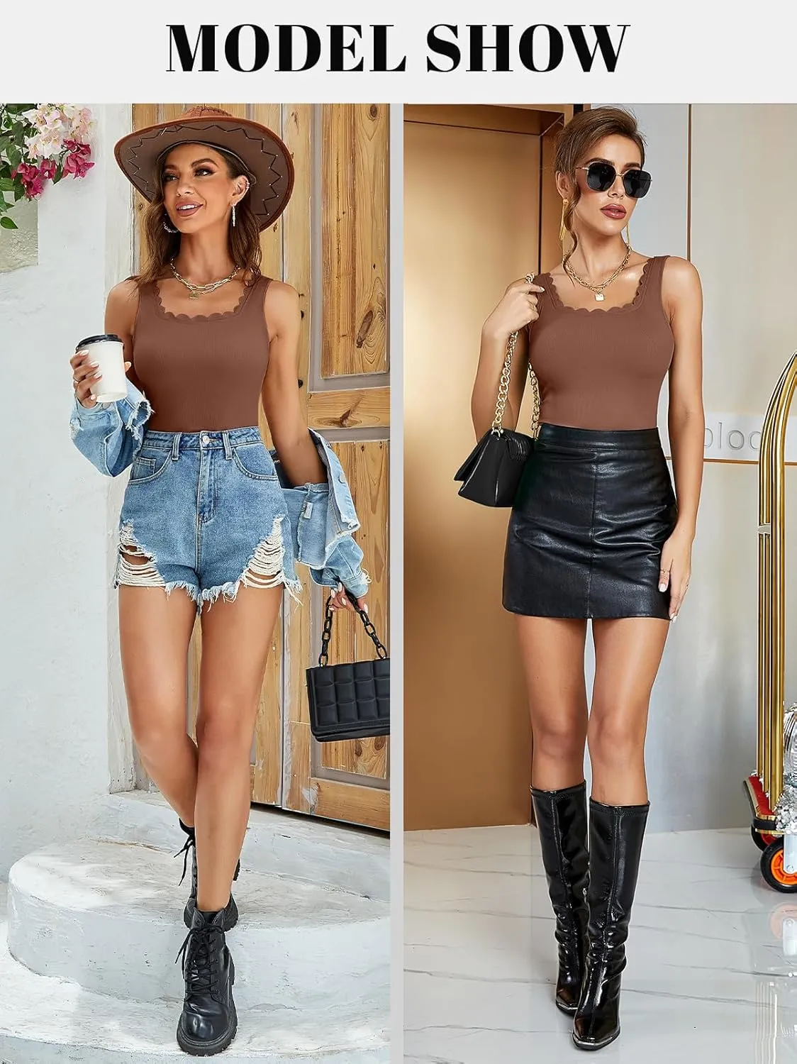 V FOR CITY Scallop Trim Square Neck Tank Tops with Built in Bras for Women Slim Fit Camisole Top Yoga Shirt