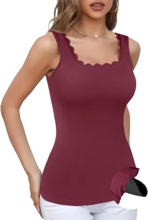 V FOR CITY Scallop Trim Square Neck Tank Tops with Built in Bras for Women Slim Fit Camisole Top Yoga Shirt