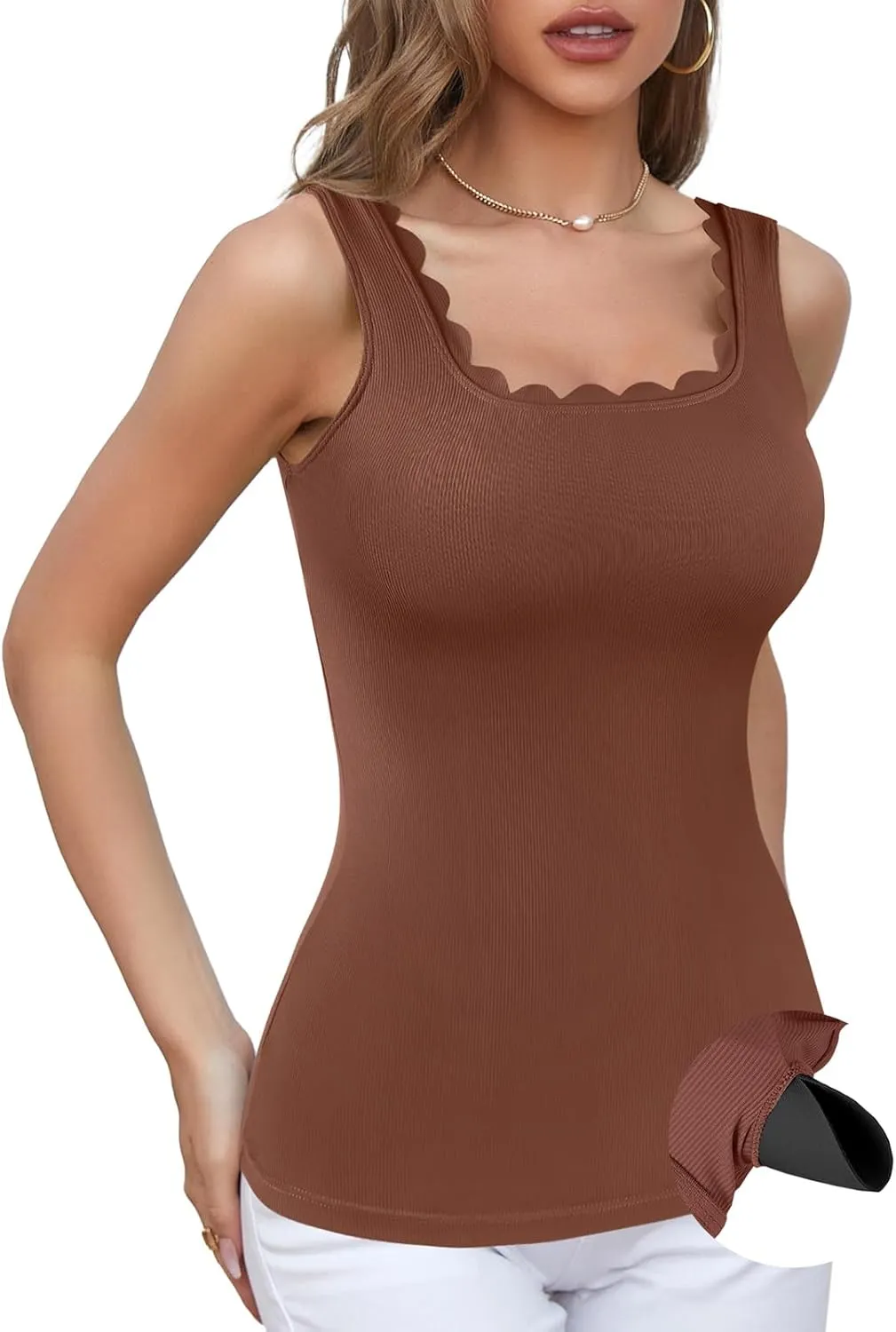 V FOR CITY Scallop Trim Square Neck Tank Tops with Built in Bras for Women Slim Fit Camisole Top Yoga Shirt