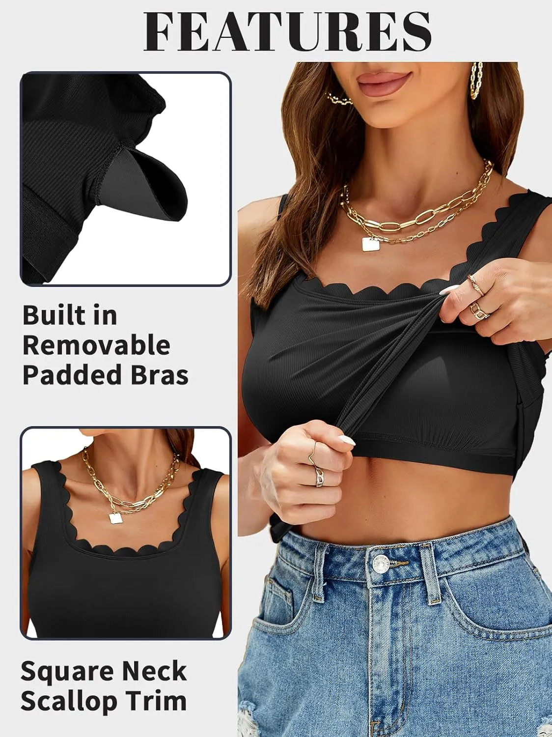 V FOR CITY Scallop Trim Square Neck Tank Tops with Built in Bras for Women Slim Fit Camisole Top Yoga Shirt