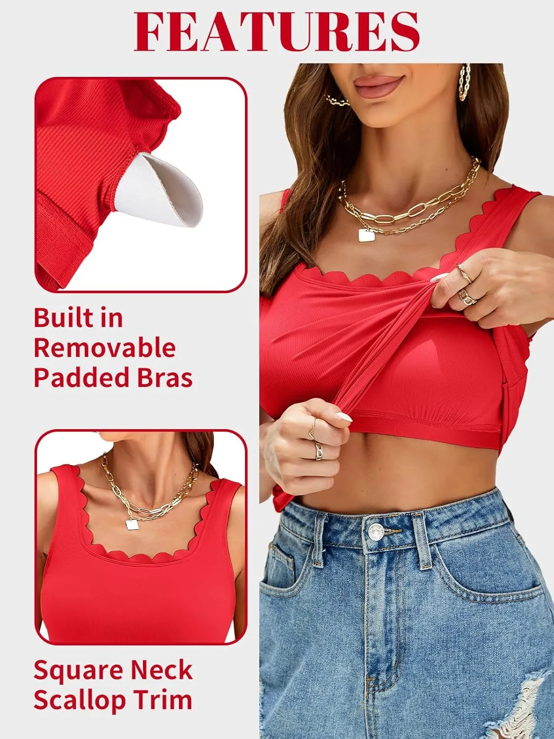 V FOR CITY Scallop Trim Square Neck Tank Tops with Built in Bras for Women Slim Fit Camisole Top Yoga Shirt