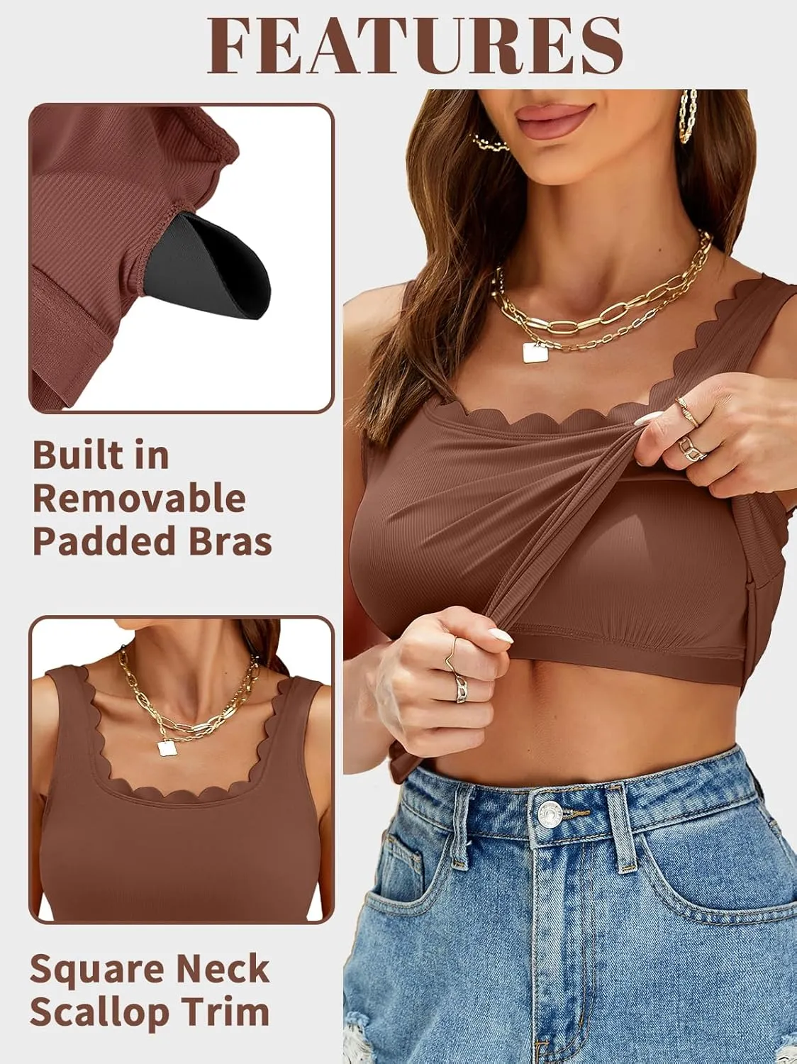 V FOR CITY Scallop Trim Square Neck Tank Tops with Built in Bras for Women Slim Fit Camisole Top Yoga Shirt