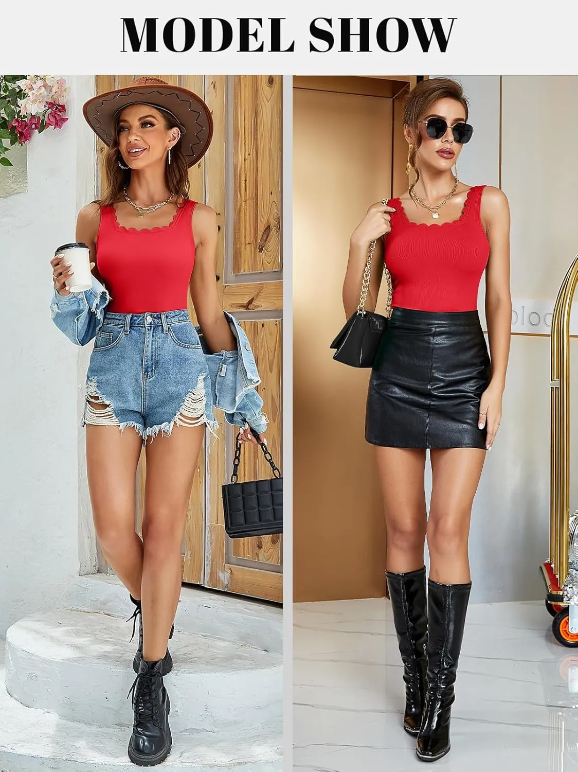 V FOR CITY Scallop Trim Square Neck Tank Tops with Built in Bras for Women Slim Fit Camisole Top Yoga Shirt