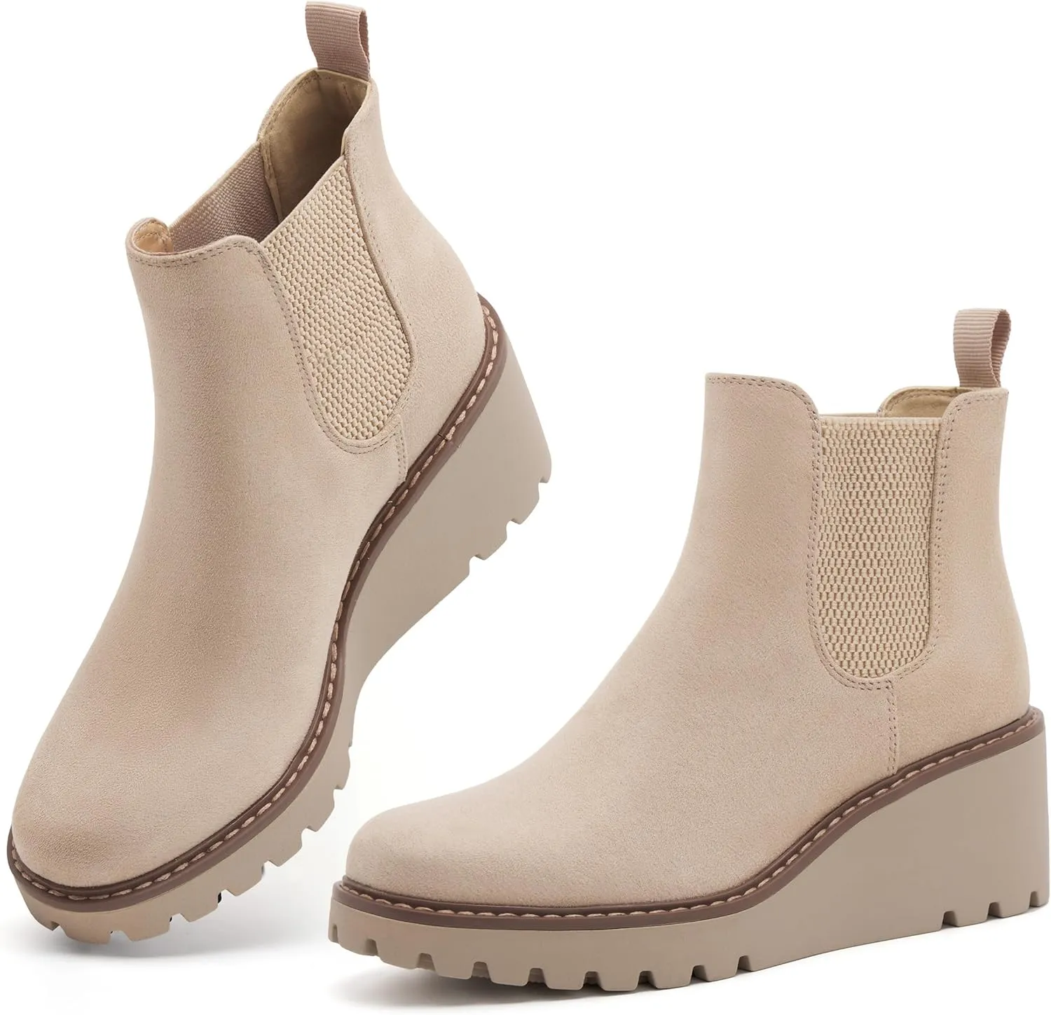 vodvob Women's Ankle Boots Wedge Heel Booties Elastic Chelsea Platform Slip On Lug Sole Wedge Boots