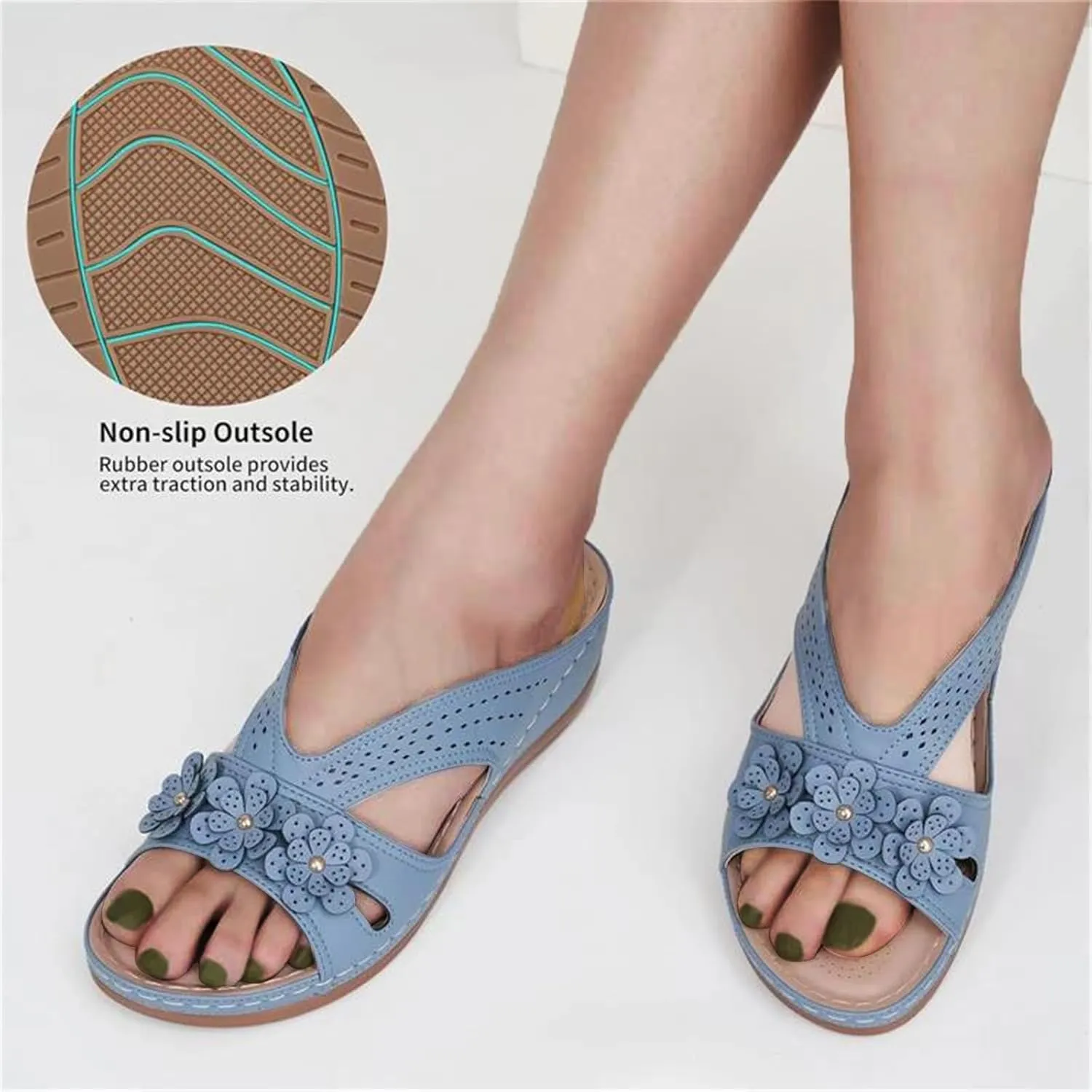 Wedge Sandals for Women Slip On Dressy Summer Comfortable Slides Sandals Orthopedic Open Toe Arch Support Slippers Lightweight Hollow Out Mules Walking Vacation Shoes