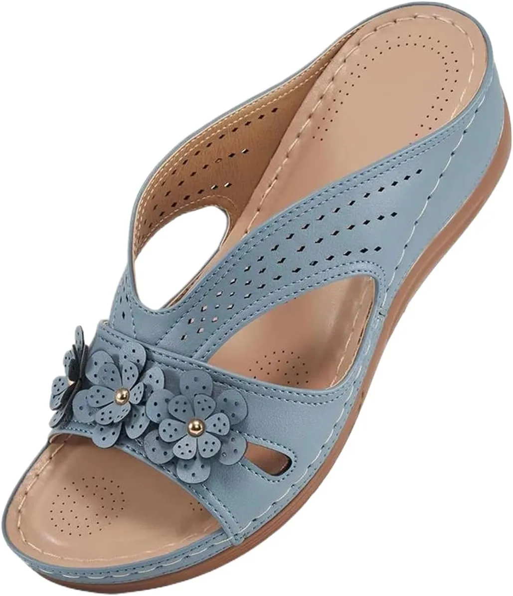 Wedge Sandals for Women Slip On Dressy Summer Comfortable Slides Sandals Orthopedic Open Toe Arch Support Slippers Lightweight Hollow Out Mules Walking Vacation Shoes