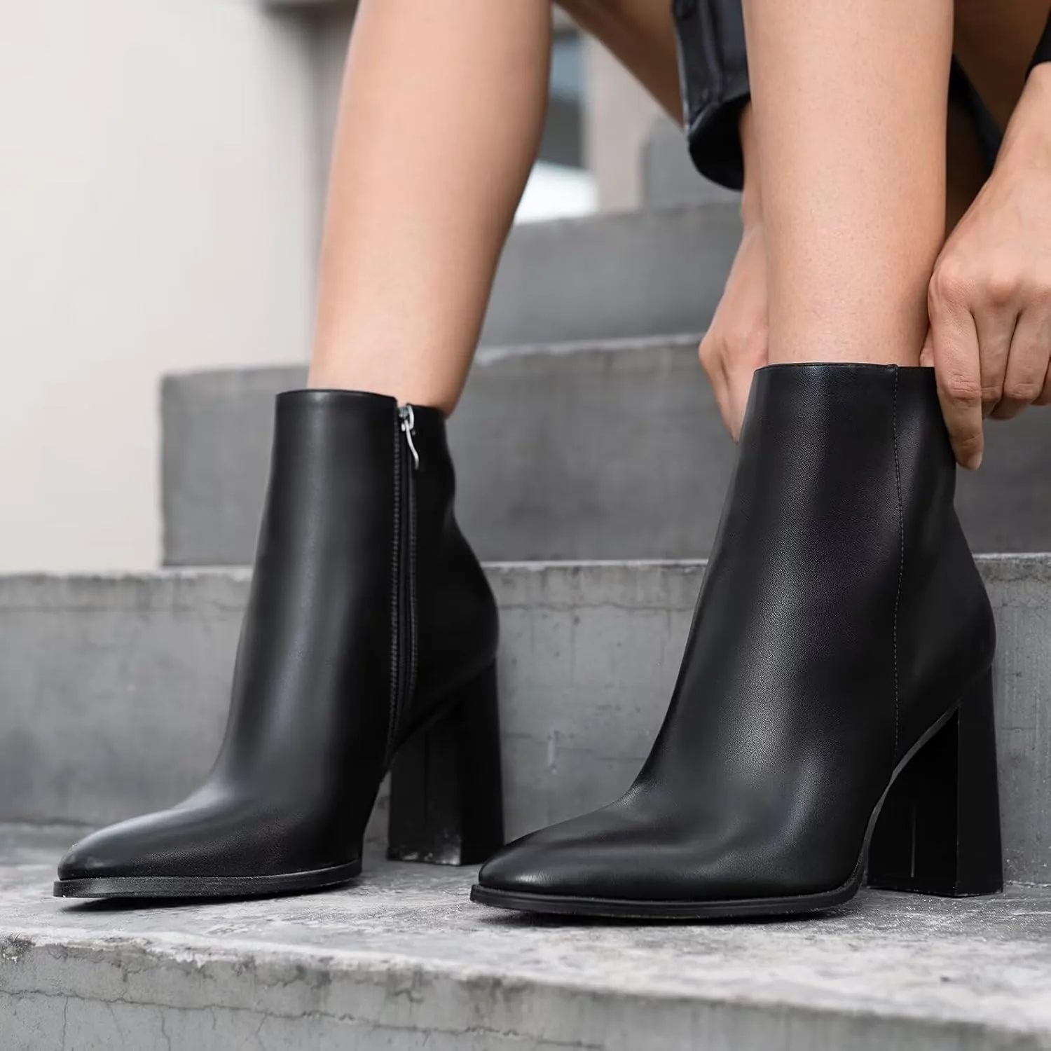 wetkiss Boots for Women Chunky Heel Ankle Booties with Pointed Toe Side Zipper