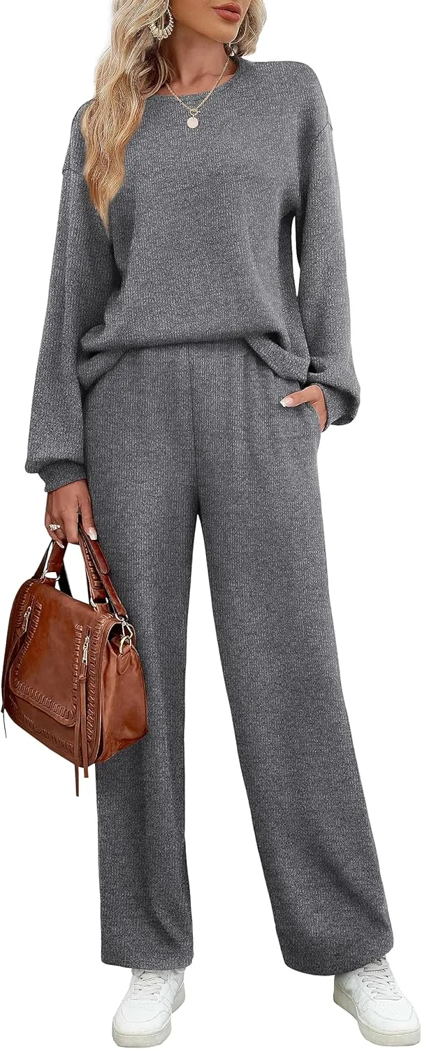 WIHOLL Womens Sweatsuits Sets Long Sleeve Crewneck Top Wide Leg Pants Two Piece Outfits
