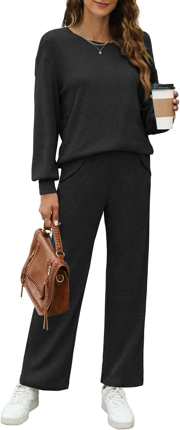 WIHOLL Womens Sweatsuits Sets Long Sleeve Crewneck Top Wide Leg Pants Two Piece Outfits