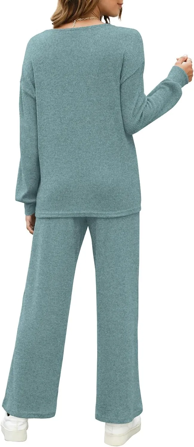WIHOLL Womens Sweatsuits Sets Long Sleeve Crewneck Top Wide Leg Pants Two Piece Outfits