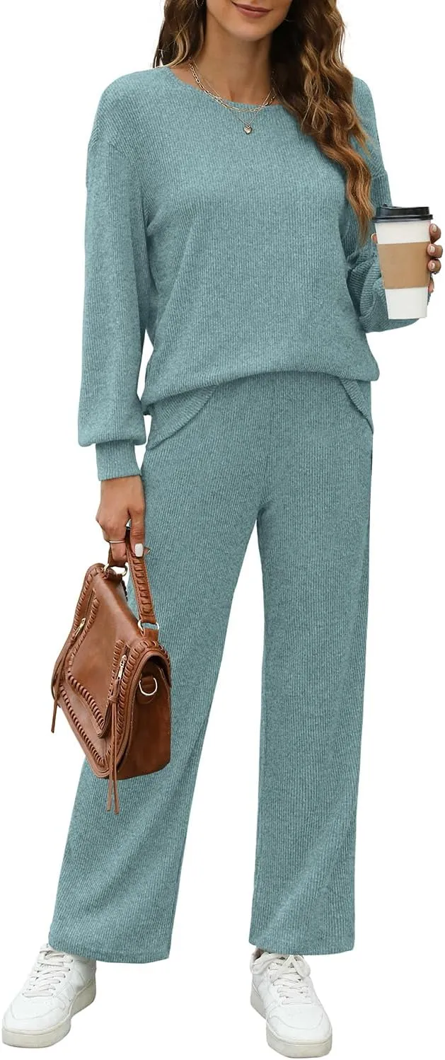 WIHOLL Womens Sweatsuits Sets Long Sleeve Crewneck Top Wide Leg Pants Two Piece Outfits
