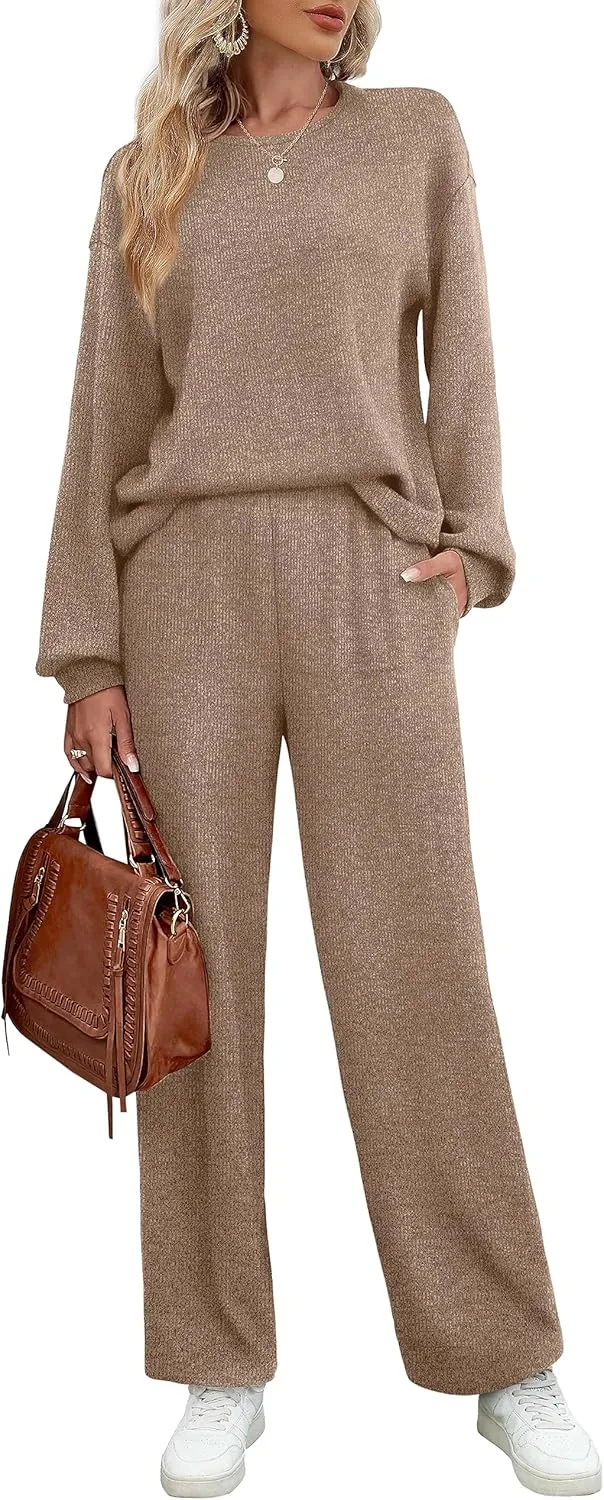 WIHOLL Womens Sweatsuits Sets Long Sleeve Crewneck Top Wide Leg Pants Two Piece Outfits