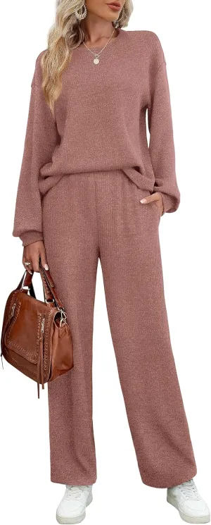 WIHOLL Womens Sweatsuits Sets Long Sleeve Crewneck Top Wide Leg Pants Two Piece Outfits