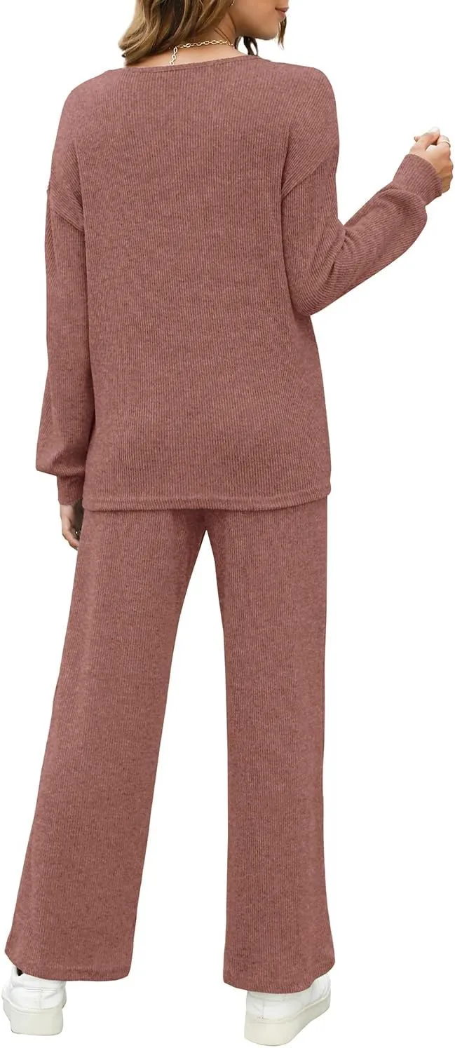 WIHOLL Womens Sweatsuits Sets Long Sleeve Crewneck Top Wide Leg Pants Two Piece Outfits