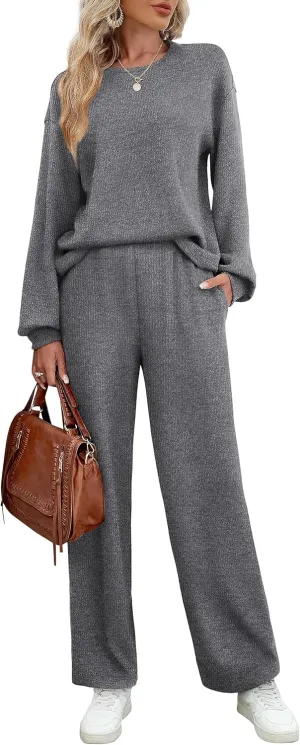 WIHOLL Womens Sweatsuits Sets Long Sleeve Crewneck Top Wide Leg Pants Two Piece Outfits