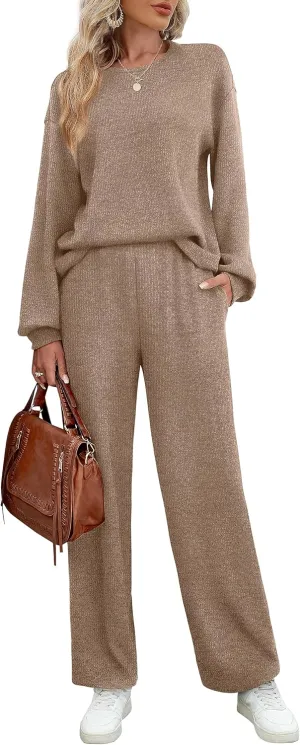 WIHOLL Womens Sweatsuits Sets Long Sleeve Crewneck Top Wide Leg Pants Two Piece Outfits