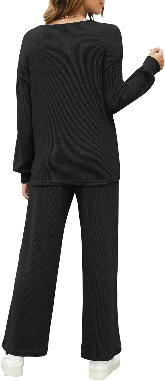 WIHOLL Womens Sweatsuits Sets Long Sleeve Crewneck Top Wide Leg Pants Two Piece Outfits