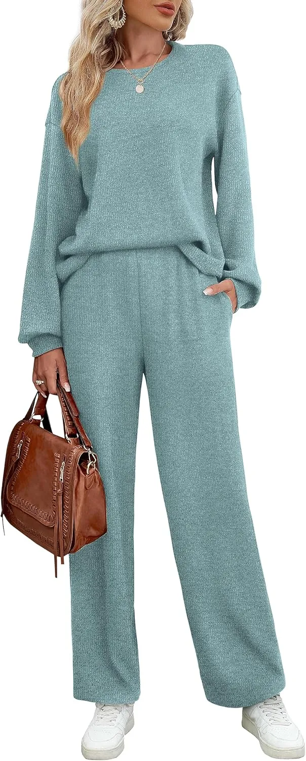 WIHOLL Womens Sweatsuits Sets Long Sleeve Crewneck Top Wide Leg Pants Two Piece Outfits