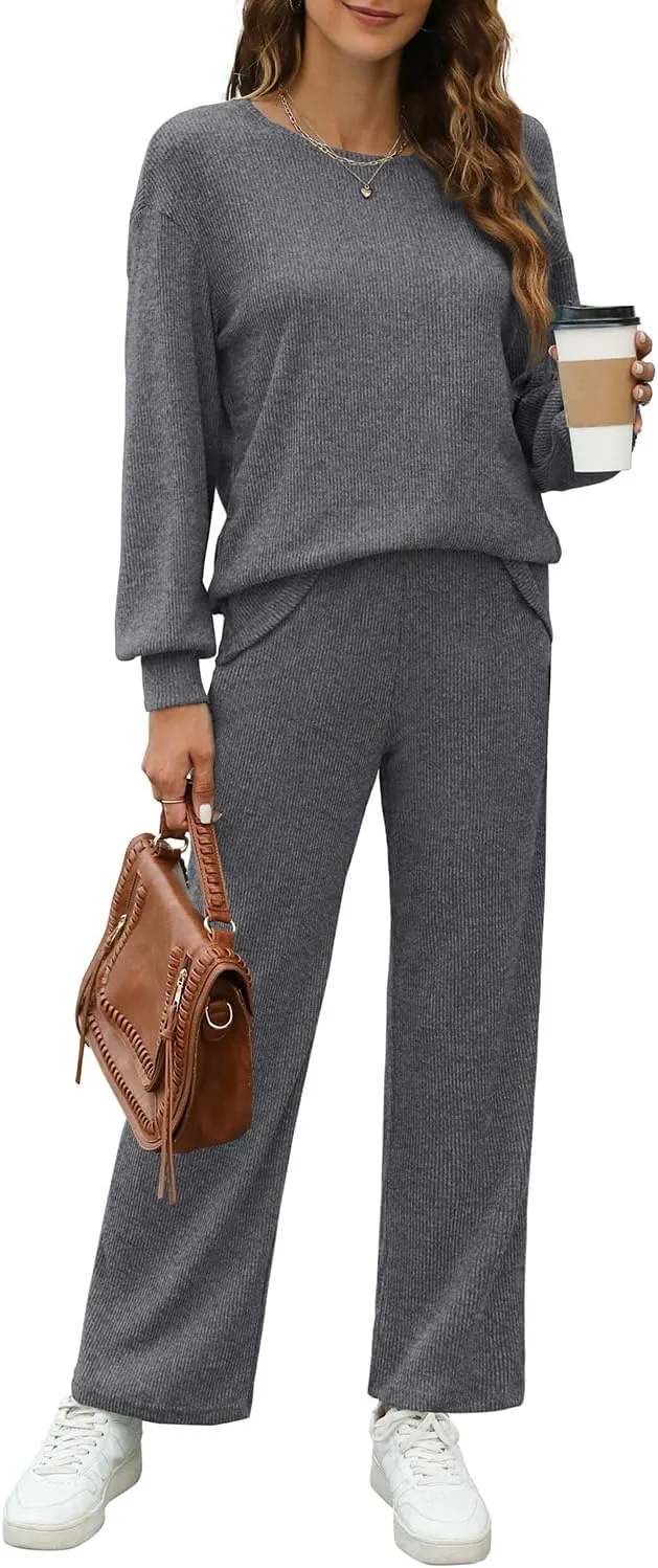 WIHOLL Womens Sweatsuits Sets Long Sleeve Crewneck Top Wide Leg Pants Two Piece Outfits