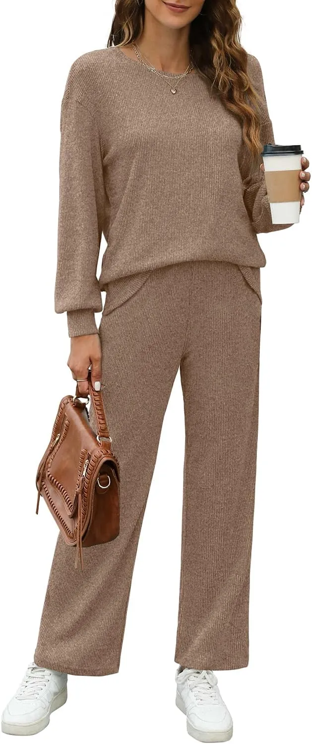 WIHOLL Womens Sweatsuits Sets Long Sleeve Crewneck Top Wide Leg Pants Two Piece Outfits