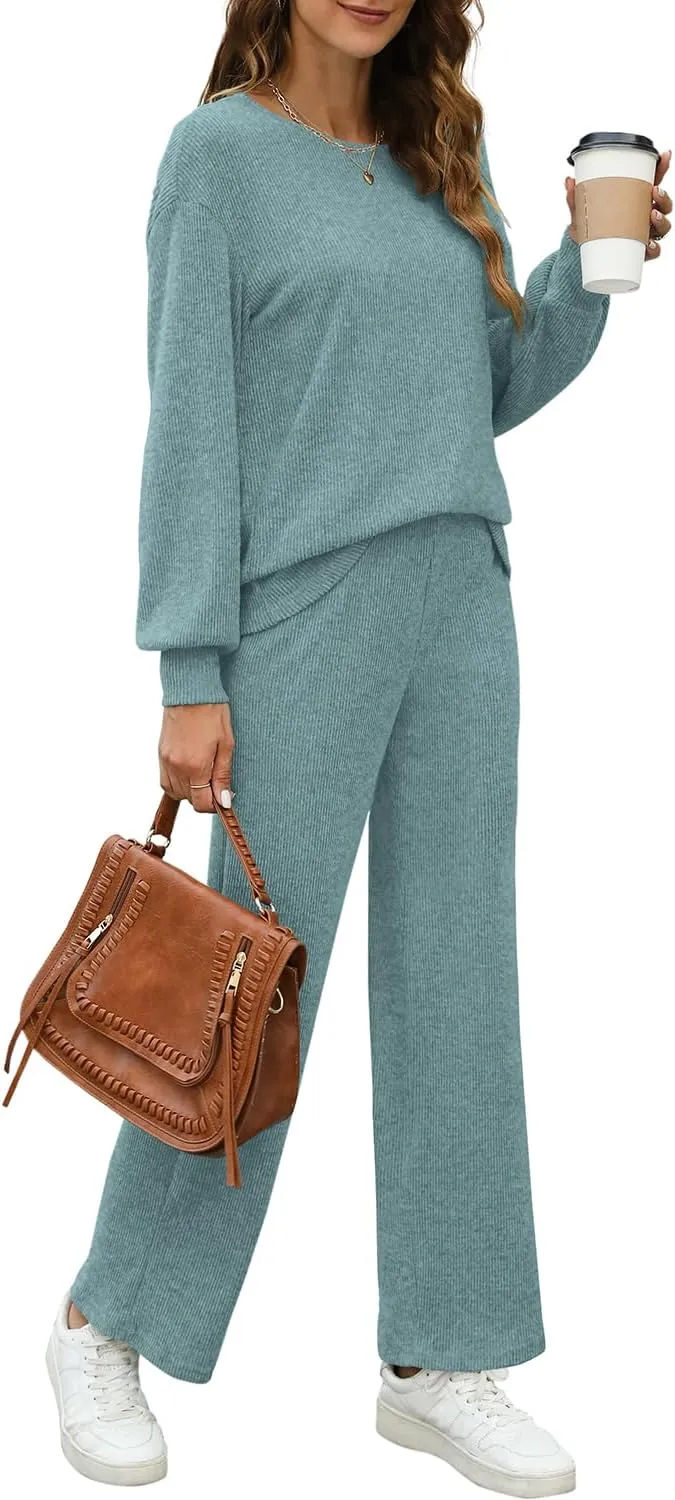 WIHOLL Womens Sweatsuits Sets Long Sleeve Crewneck Top Wide Leg Pants Two Piece Outfits