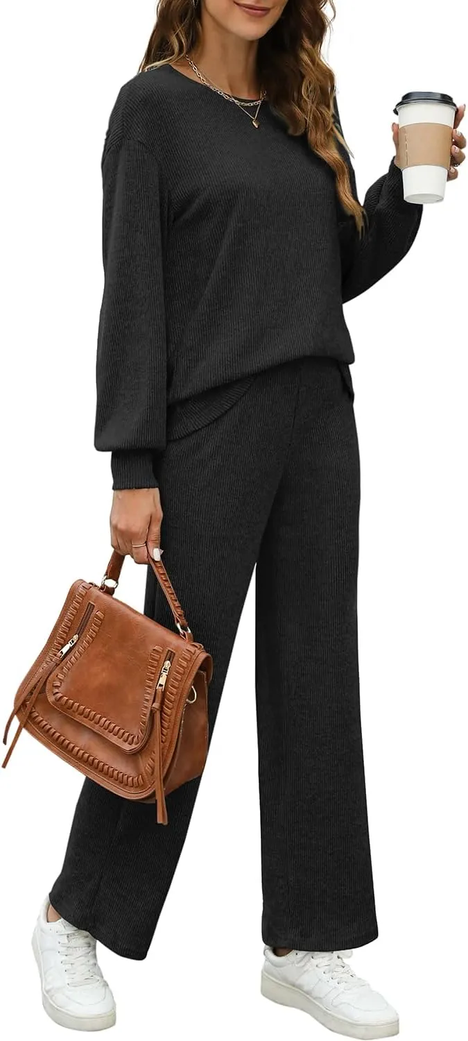 WIHOLL Womens Sweatsuits Sets Long Sleeve Crewneck Top Wide Leg Pants Two Piece Outfits