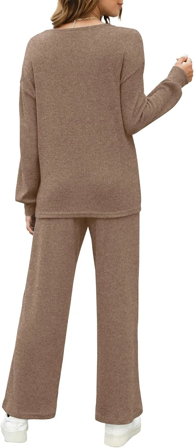 WIHOLL Womens Sweatsuits Sets Long Sleeve Crewneck Top Wide Leg Pants Two Piece Outfits