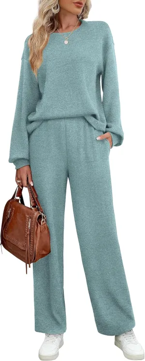 WIHOLL Womens Sweatsuits Sets Long Sleeve Crewneck Top Wide Leg Pants Two Piece Outfits