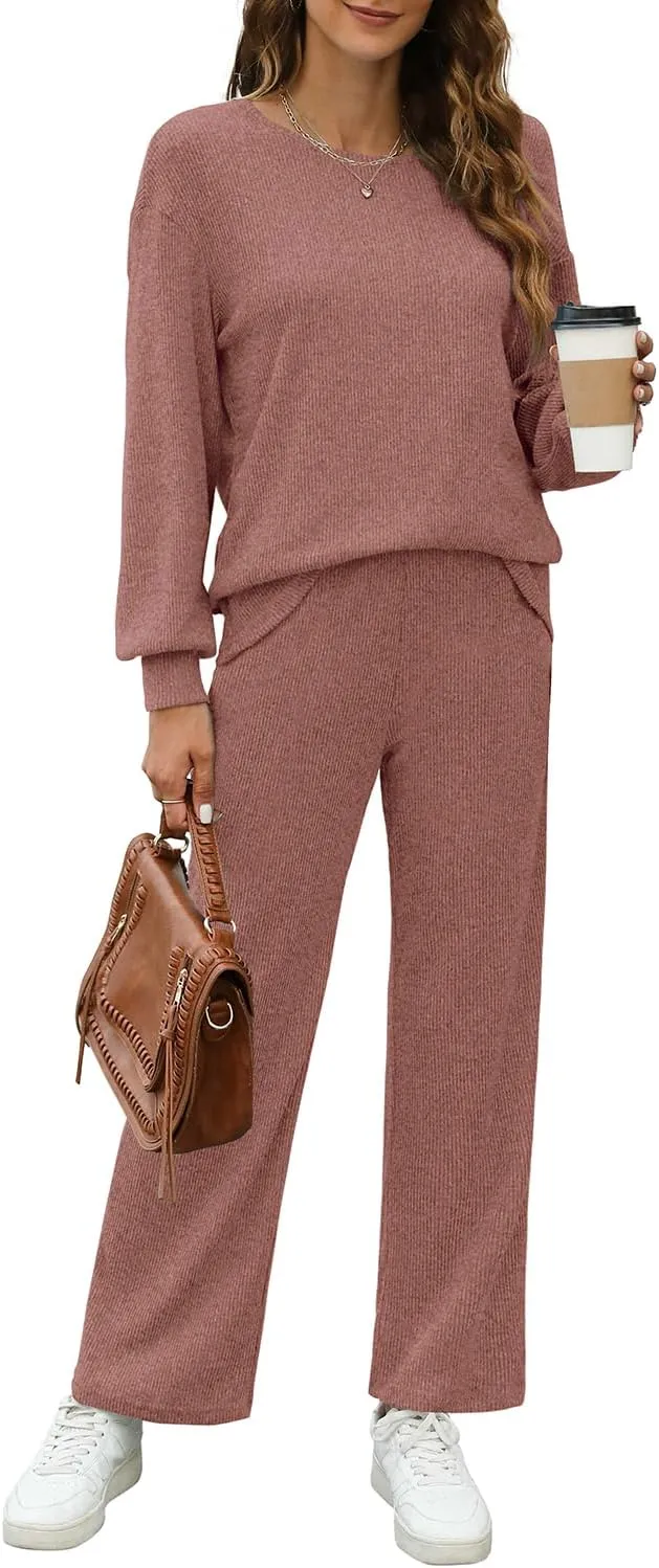 WIHOLL Womens Sweatsuits Sets Long Sleeve Crewneck Top Wide Leg Pants Two Piece Outfits