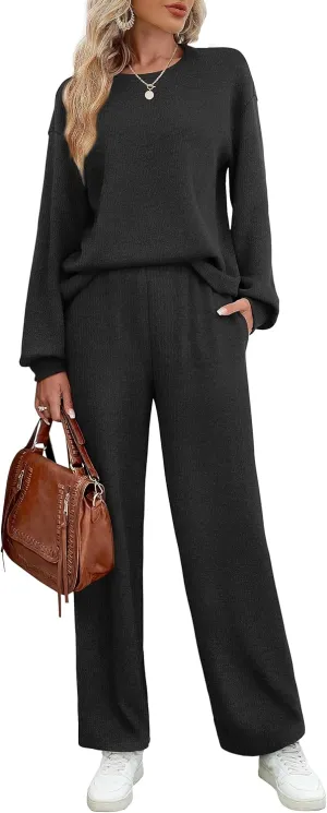 WIHOLL Womens Sweatsuits Sets Long Sleeve Crewneck Top Wide Leg Pants Two Piece Outfits