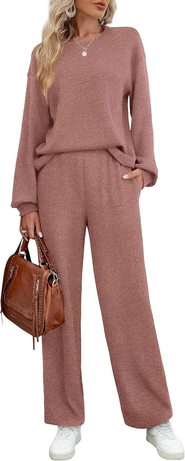 WIHOLL Womens Sweatsuits Sets Long Sleeve Crewneck Top Wide Leg Pants Two Piece Outfits