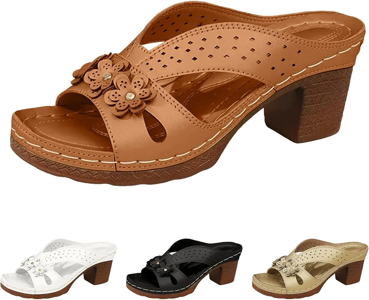 Women Chunky Heels Casual Slip on Flower Hollow Open Toe Heel Sandals 2025 Summer Mules Shoes Vacation Slippers