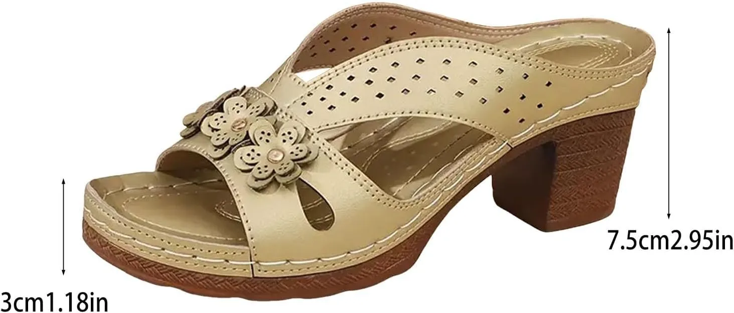 Women Chunky Heels Casual Slip on Flower Hollow Open Toe Heel Sandals 2025 Summer Mules Shoes Vacation Slippers