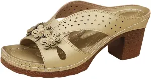 Women Chunky Heels Casual Slip on Flower Hollow Open Toe Heel Sandals 2025 Summer Mules Shoes Vacation Slippers