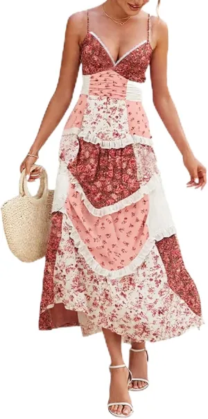 Women Floral Maxi Dress Spaghetti Straps V Neck Patchwork Flowy Boho Sundress Tiered Long Dresses