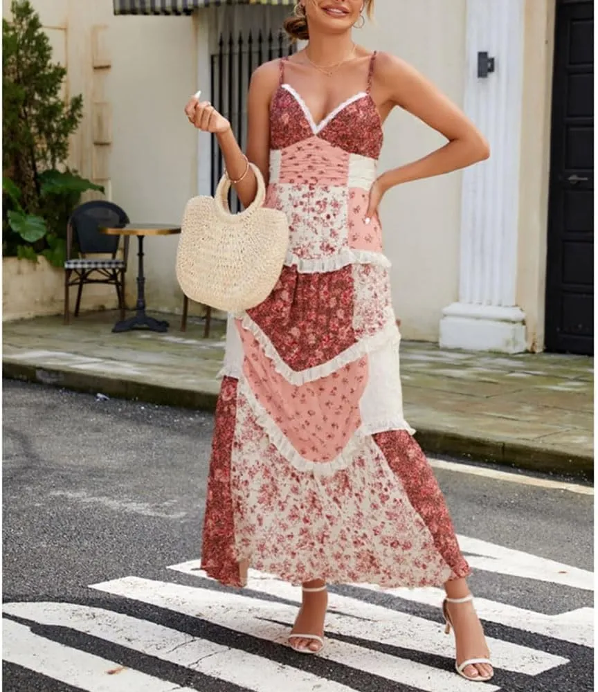 Women Floral Maxi Dress Spaghetti Straps V Neck Patchwork Flowy Boho Sundress Tiered Long Dresses
