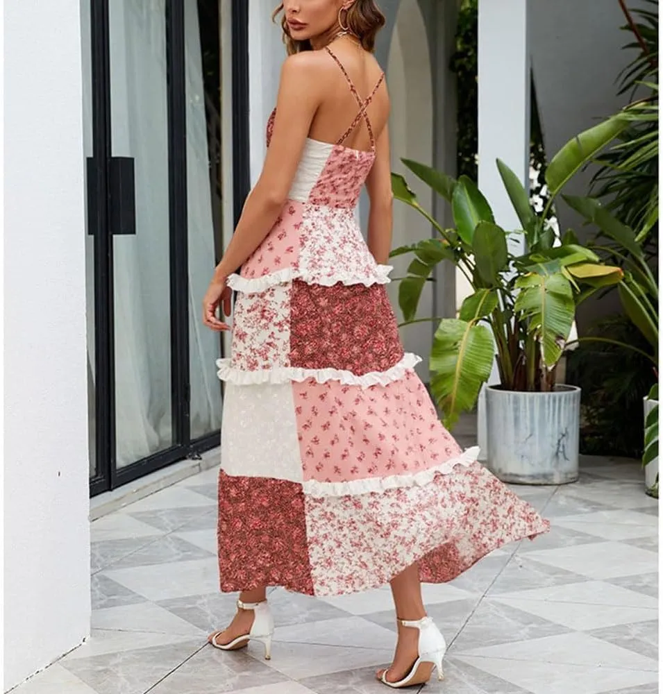 Women Floral Maxi Dress Spaghetti Straps V Neck Patchwork Flowy Boho Sundress Tiered Long Dresses
