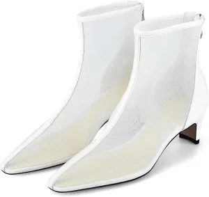 Women Mesh Booties Kitten Heel Ankle Boots Sexy Pointy Toe Fashion Dress Short Boots with Zips