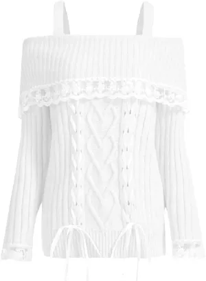 Women Off Shoulder Top Y2K Long Sleeve Lace Trim Knit Shirt Fashion Cute Solid Pullover Sweater