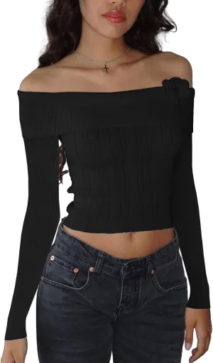 Women Off Shoulder Top Y2K Long Sleeve Lace Trim Knit Shirt Fashion Cute Solid Pullover Sweater