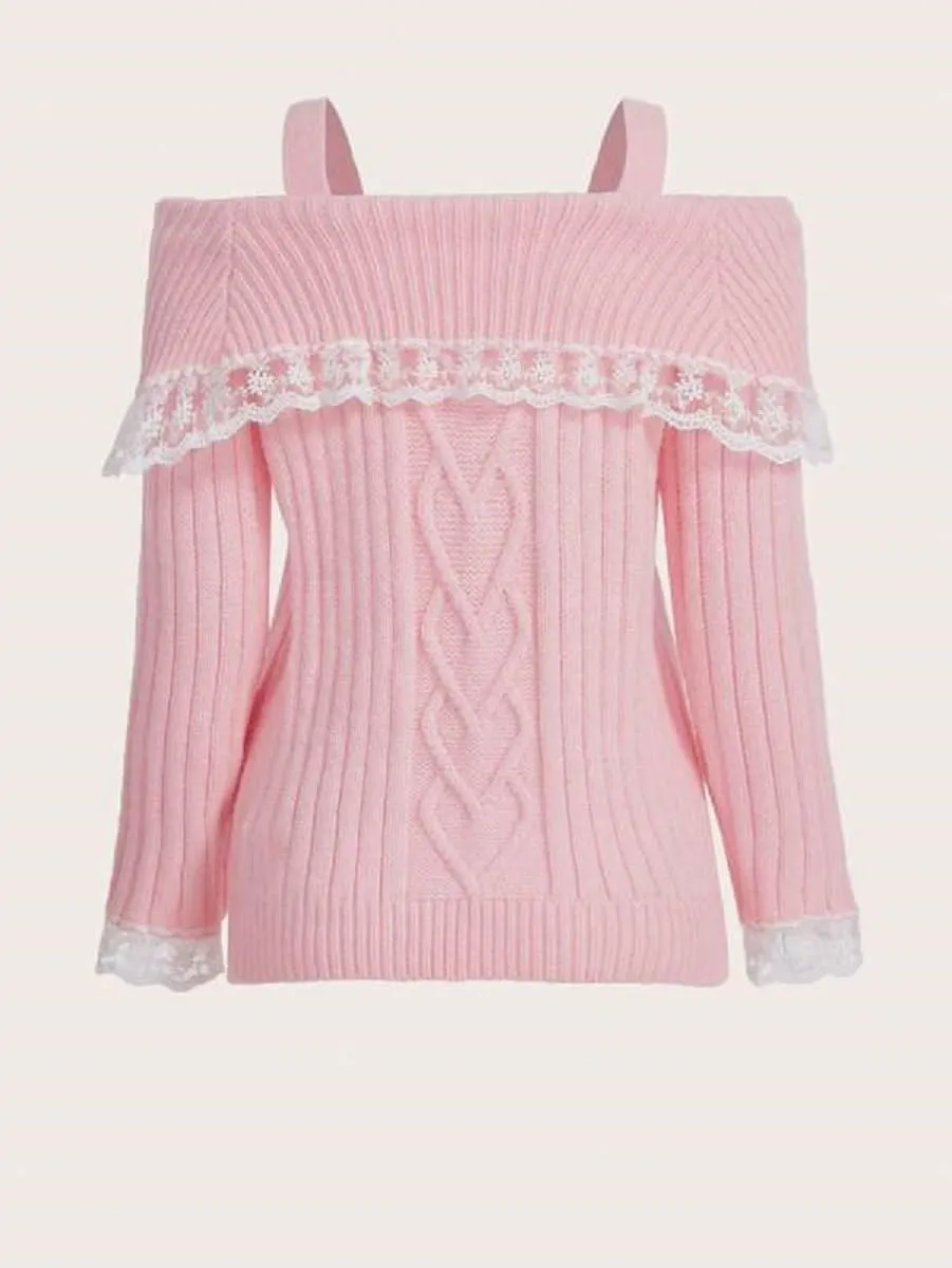 Women Off Shoulder Top Y2K Long Sleeve Lace Trim Knit Shirt Fashion Cute Solid Pullover Sweater