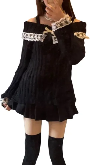 Women Off Shoulder Top Y2K Long Sleeve Lace Trim Knit Shirt Fashion Cute Solid Pullover Sweater