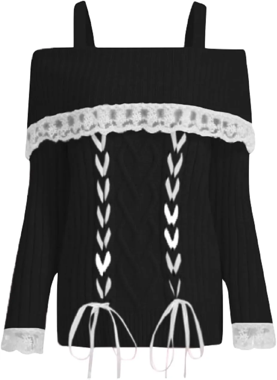 Women Off Shoulder Top Y2K Long Sleeve Lace Trim Knit Shirt Fashion Cute Solid Pullover Sweater